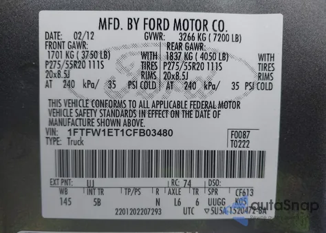 2012 Ford F-150 Fx4 z USA, uszkodzony, nr VIN 1FTFW1ET1CFB03480